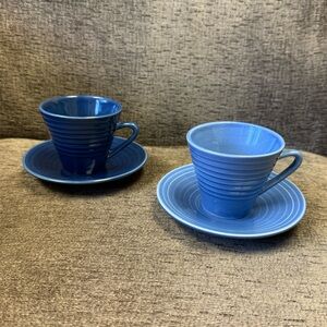 Vintage Atomic Style Cobalt and Periwinkle Blue Ceramic Cup and Saucer Sets
